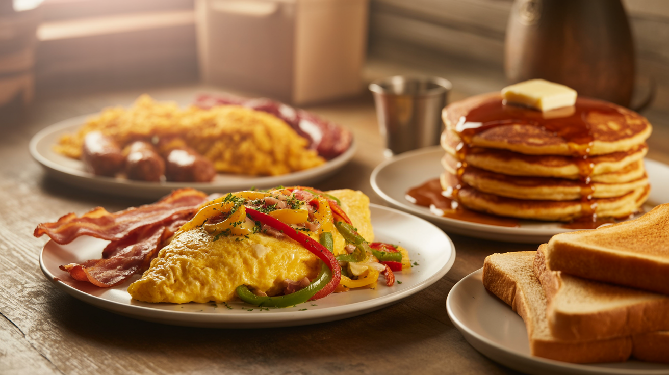 Delicious breakfast spread with omelettes, pancakes, bacon and hash browns